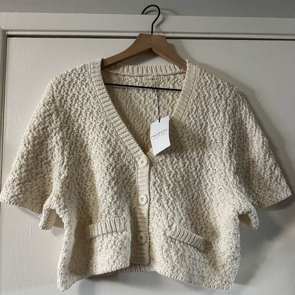 Promesa Textured Open-Knit Short Sleeve Cream Cardigan